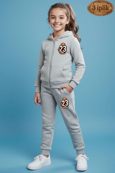 cm buseyiz Kız Çocuk 3 İplik Şardonlu 23 Baskılı Fermuarlı Eşofman Takımı