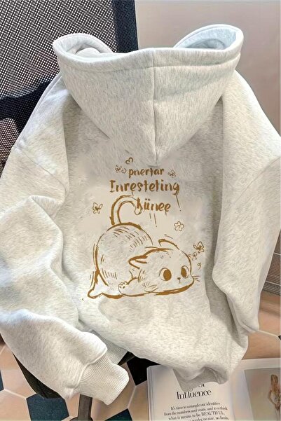 Oksit Pinestar Cat Back Printed Unisex Sweatshirt with Cotton Inside