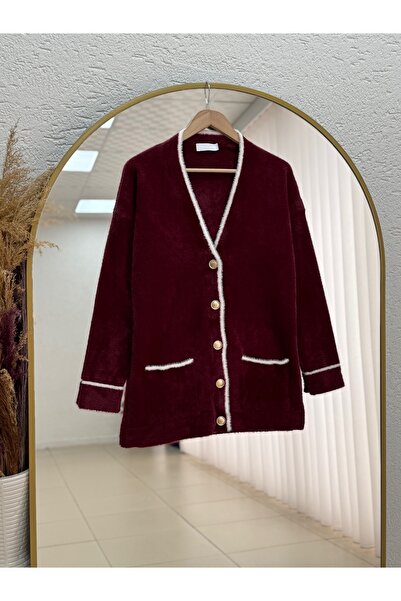 MİHRA STORE Germena Hollow Buttoned Striped Bearded Cardigan-Zi̇5253 Burgundy