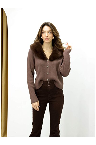 Coral 25448 Yakası Kürklü Triko Ceket Kahve