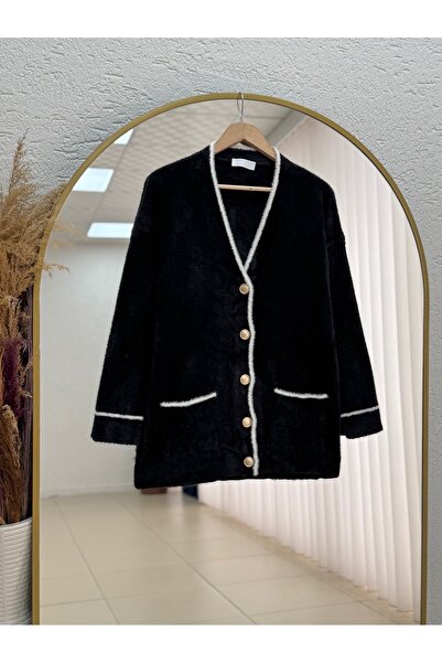 MİHRA STORE Germena Hollow Buttoned Striped Bearded Cardigan-Zi̇5253 Black