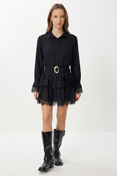 Lovelyİstanbul Lace Detailed Layered Mini Woven Dress Llw0003 Black