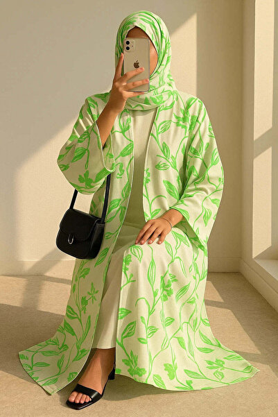 MayaCloset Floral Print Green Abaya & Kimono With Inner & Sheila