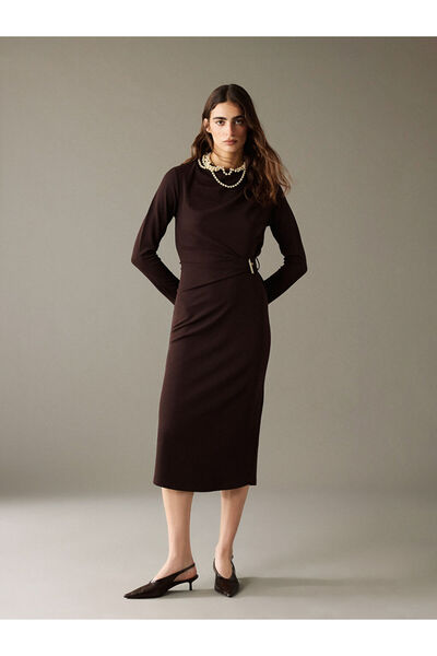 LC Waikiki Brown Flowy Collar Gathered Crepe Dress