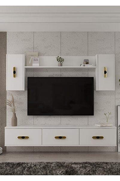 DEMONTE DECOR 1364TV180-32DD DUVARA MONTAJ TV SEHPASI, TV ÜNİTESİ BEYAZ-ALTIN...