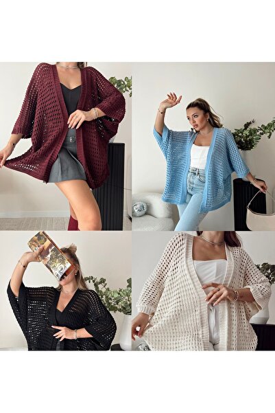 Feyora Women's Lace-Like Knit Knitwear Perforated Oversized Cardigan – Blue, ...