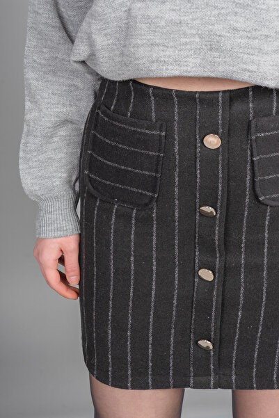 MissVina Chic Ornamental Button Detailed Cashmere Striped Mini Skirt 6824