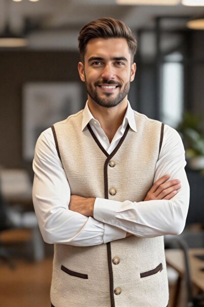 Desen Triko Men's V-Neck Lined Pure Wool Felt Vest Beige