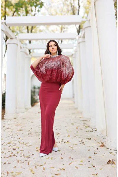 DADO BELLA Bordo Krep Kumaş Üst Bocuk Payet İşlemeli Yarasa Kol Kristal Taş Y...