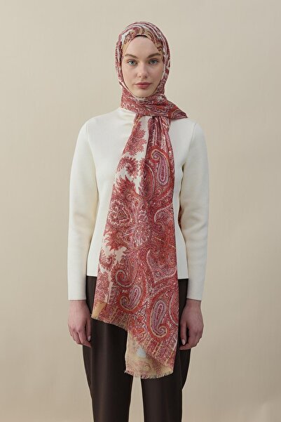 diorel Tropikal Badem Desen Yün İpek Şal Krem-Nar Çiçeği