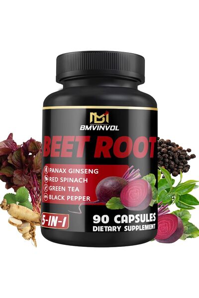 BMVINVOL كبسولات جذر الشمندر - شاي أخضر، سبانخ أحمر، جنسنغ، فلفل أسود - 90 كب...