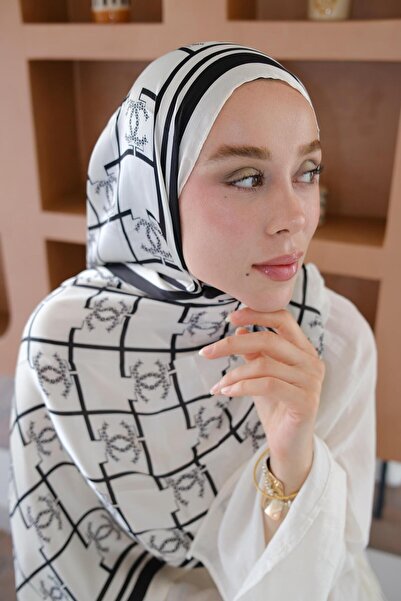 diorel C Şeritli Desen Monogram İpek Vual Şal Beyaz