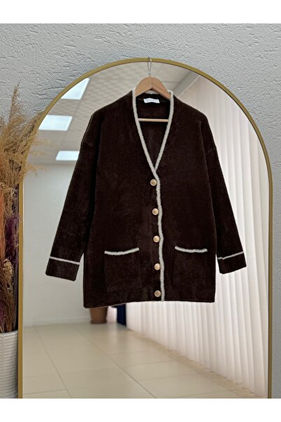 MİHRA STORE Germena Hollow Buttoned Striped Bearded Cardigan-Zi̇5253 Brown