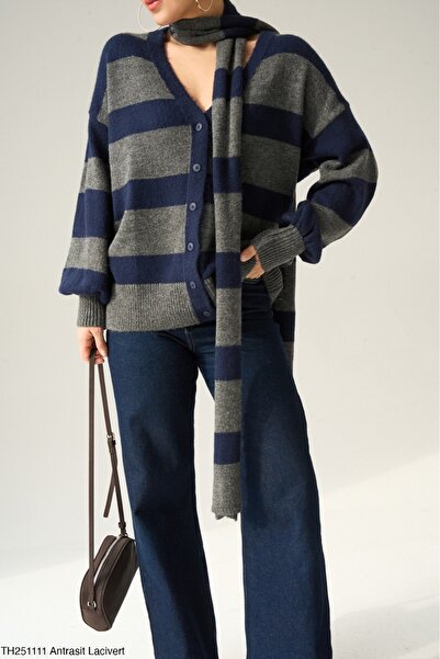 Lupies Kadın Antrasit Atkılı Triko Hırka