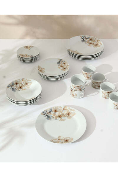 REDTAG Assorted Beige Floral Round Porcelain Dinner Set – 30 Piece