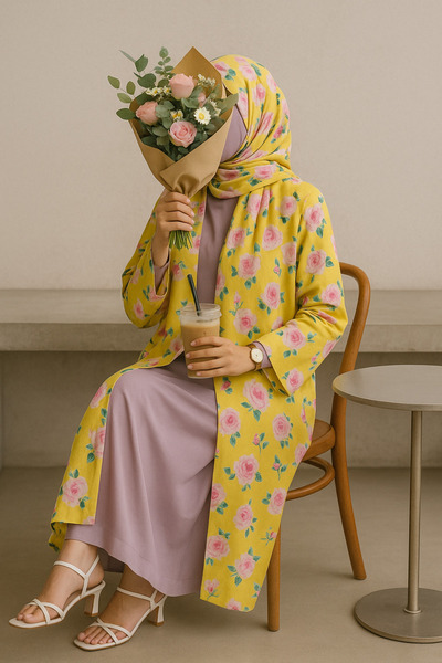 MayaCloset Floral Print Yellow Abaya & Kimono With Sheila
