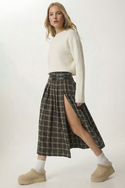 Lovelyİstanbul Пола с каре и колан LLW0004 КАФЯВА HAKİ