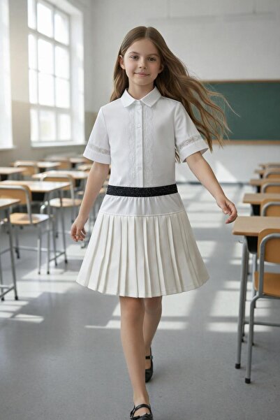 Öz klas Store Cămașă cu detaliu din dantelă pentru fetiță și fustă cu pliuri ...