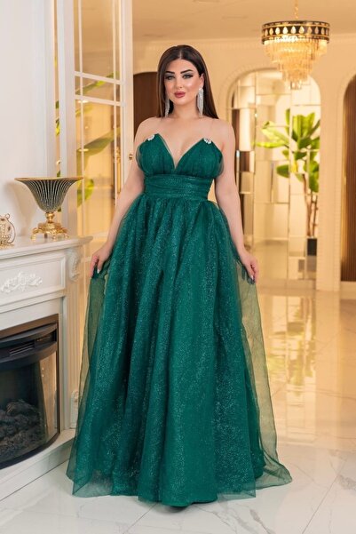 Matik Abiyem Glittering Dalya V-Neck Long Princess Evening Dress