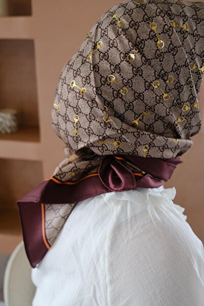 diorel Kelepçe Desen %100 İpek Çift Taraflı Eşarp Kahve / Bordo