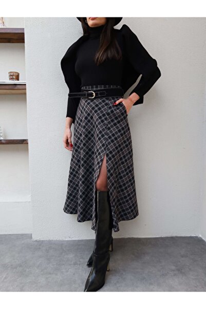 ESRAHELVACI Belted Plaid Long Skirt