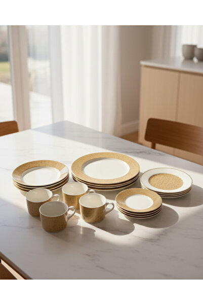 REDTAG Beige Geometric Pattern Dinner Set With Gold Band (20 Piece)