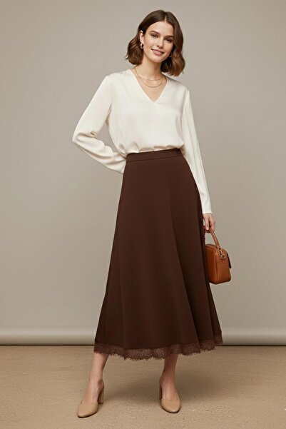 Puane Women's Long Skirt with Lace Trim and Opening – 18288Etk - Brown