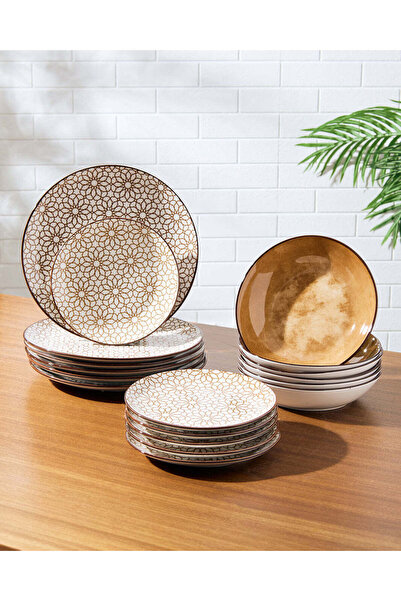 REDTAG طقم عشاء سيراميك مطبوع باللون البيج (18 قطعة)