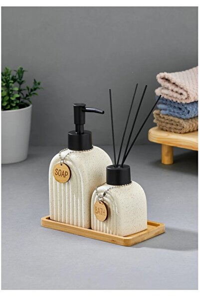 ERGENÇLER Ckr3885 320 ml Double Ceramic Bathroom Set with Bamboo Stand