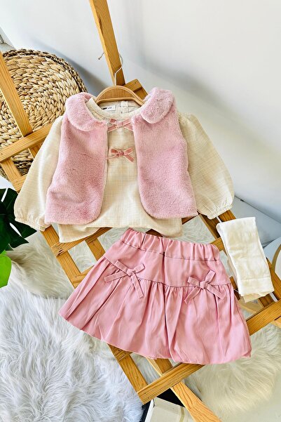 Minigimin Cicileri My Little One's Fur Vest Set Baby Girl Set of 4 - Powder