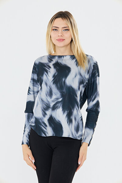 UNIQUE LADY Abstract Patterned Long Sleeve Blouse with Snap Detail