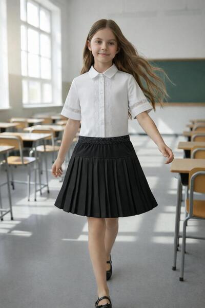 Yakalaa Girl's Lace-Detail Shirt and Skirt with Silvery Pleats at the Waist