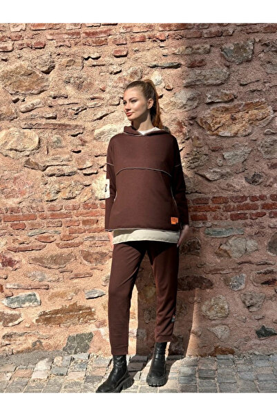 nedo7 Women's Coffee Hooded Skirt Detail Crest Reverse Stitching Double Suit