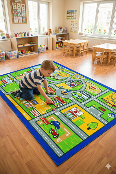 Laylay Toys Trafik Halısı 100x150 cm Anaokulu Kreş Çocuk Oyun Halısı Kaymaz T...