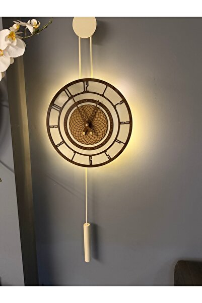 MetaQuartz Aksesuar Krem-Ceviz Pendulum Full Çelik - Metal Ledli Duvar Saati