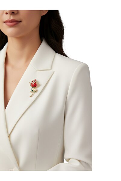modamira İnci ve Taş Detaylı El Emeği Kırmızı Gül Broş