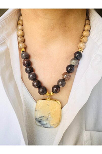 DEVİ fashion Jasper and Agate Natural Stone Design Necklace 52 cm