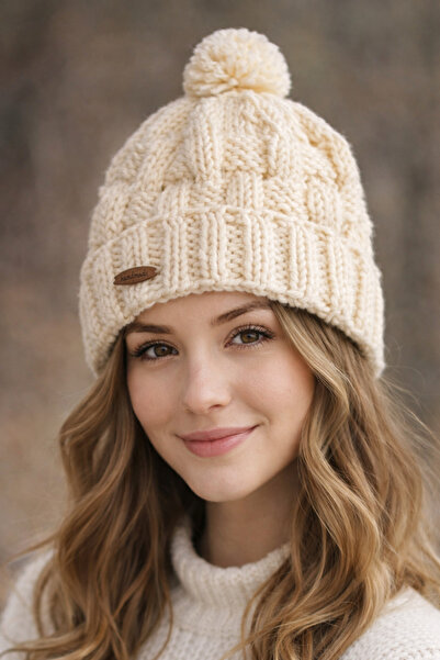 R&N HANDMADE DESIGN %100 El Örgüsü Sepet Örgü Desenli Krem Rengi Bere