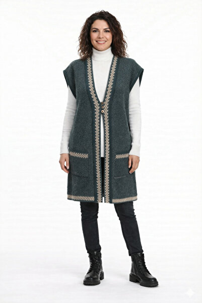 Asya Kadın Yeşil, Mavi Desenli, Yaka ve Cep Şeritli, Triko Yelek V Yaka Cepli...