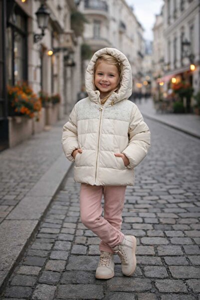bubiee baby Girl's Ecru Puffer Coat - Shoulder Detailed Hooded Coat
