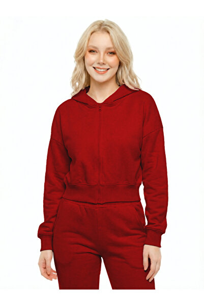 CC STORE Sports Tracksuit Set Crop Short Zippered Set Winter Thick Fabric - Red