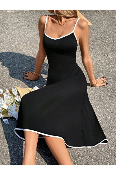 nedo7 Women's Wide V-Neck Midi Janjan Crepe Dress with Rope Straps