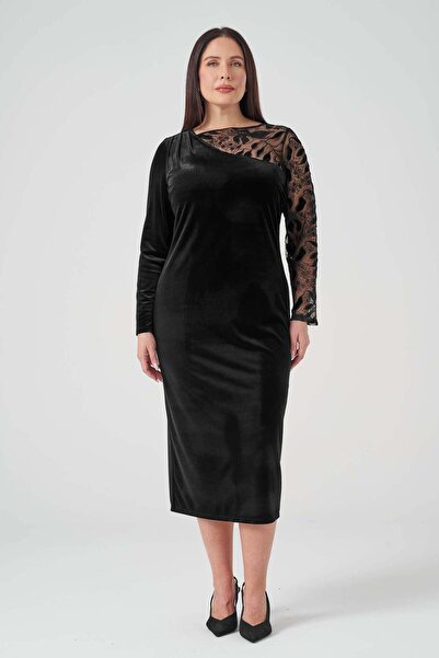 Gemko Lace Sleeve Velvet Fit Dress Black