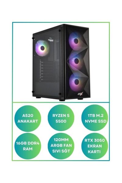 RAMTECH BİLGİSAYAR RONG X20 Ryzen 5 5500 Rtx 3050 16GB Ram 1Tb M.2 Sıvı Soğut...