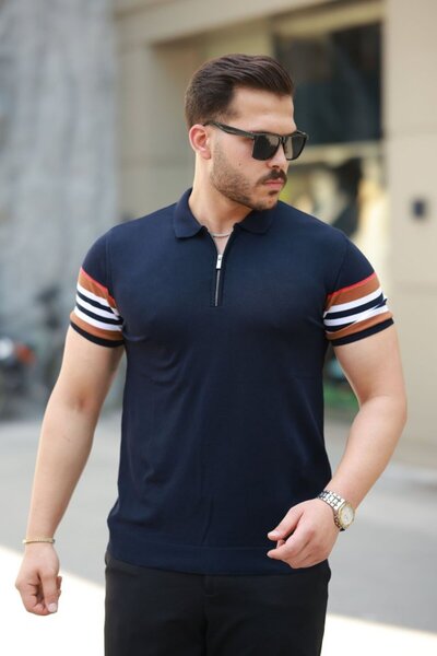 BY BASAK collection Men's Zipper Collar Short Sleeve T-Shirt with Patterned S...