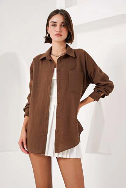 nedo7 20153 Single Pocket Oversize Linen Shirt - A. Brown