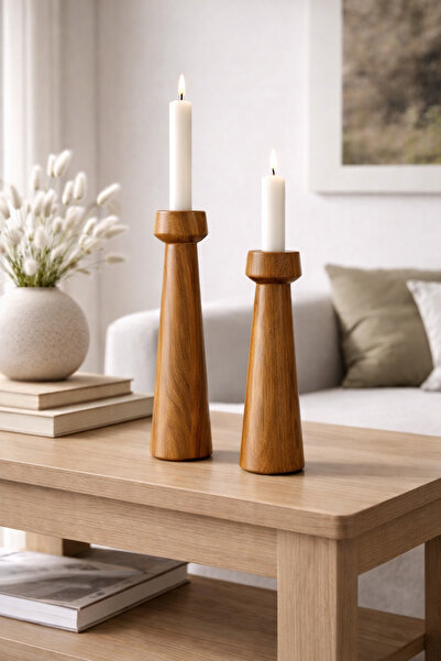 mebaconcept Ahşap Şamdan Seti 2’li | Tik Rengi Doğal Ahşap Mumluk | 18 cm & 1...