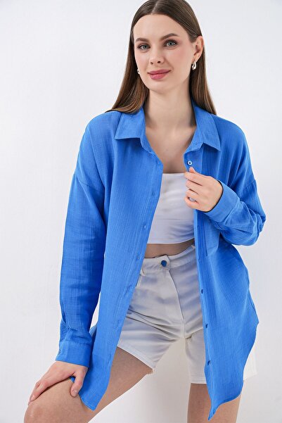 Hiccup Bdart Pocket Detailed Oversized Button Linen Blend Shirt