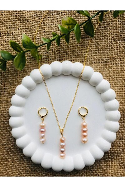 Luba Gerçek Doğal Somon Inci Kadın Küpe Kolye Paslanmaz Çelik 5mm set