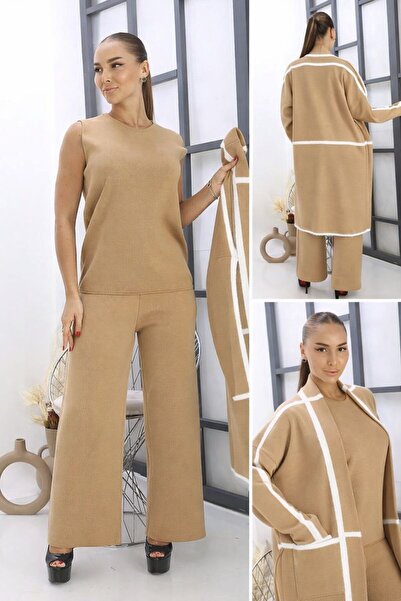 Cannes طقم من 3 قطع مع بنطلون وكارديجان باللون البيج